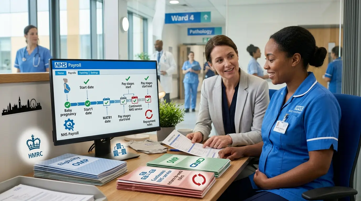 A pregnant NHS worker reviews maternity pay eligibility documents with an HR adviser in a hospital office.