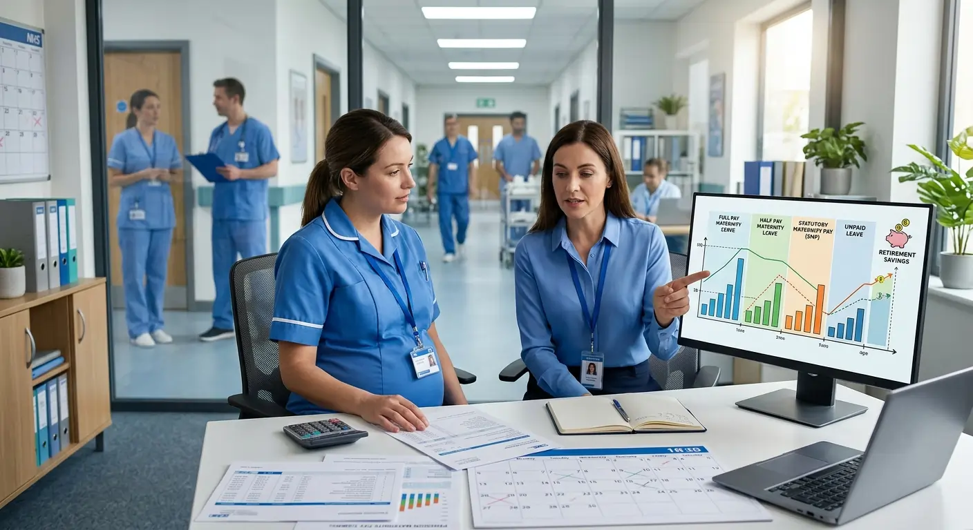 Two NHS colleagues review how a pension keeps building during maternity leave.
